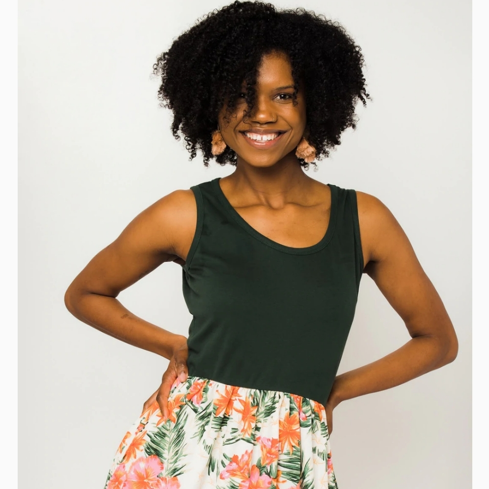 Tall floral tank dress size medium, green top/ white floral bottom.